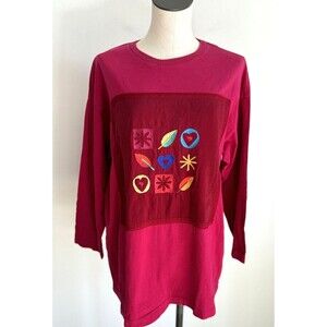 Johnny Was Vintage Shirt 3/4 Sleeve Embroidered Print Red Pink Oversized S
